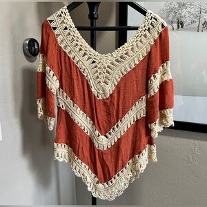 Wishlist Boho Crochet Macramé Top S/M Terracotta Gauze Festival Peasant Blouse